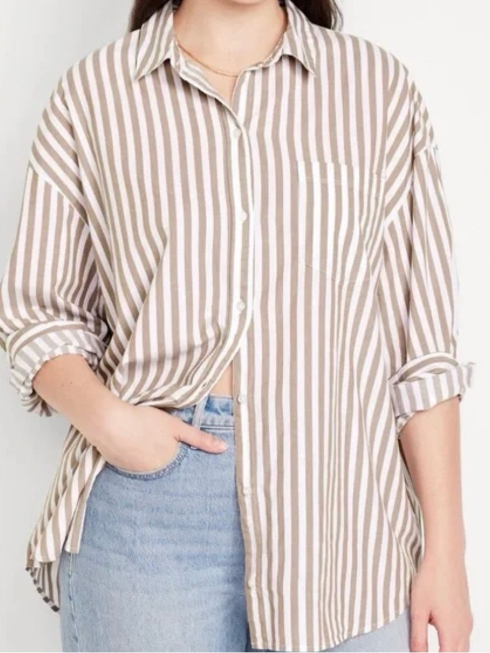 Tan and White Striped Oversized Button-Down Shirt